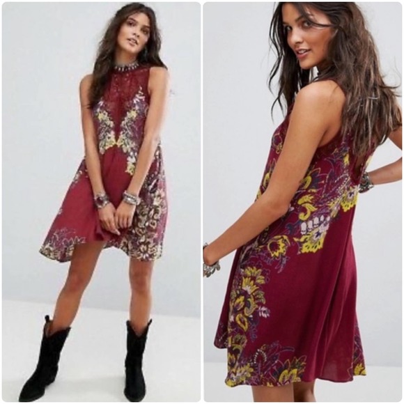 Free People Dresses & Skirts - Free People Marsha Slip Dress size Medium Wine Combo Lace Tunic Sleeveless